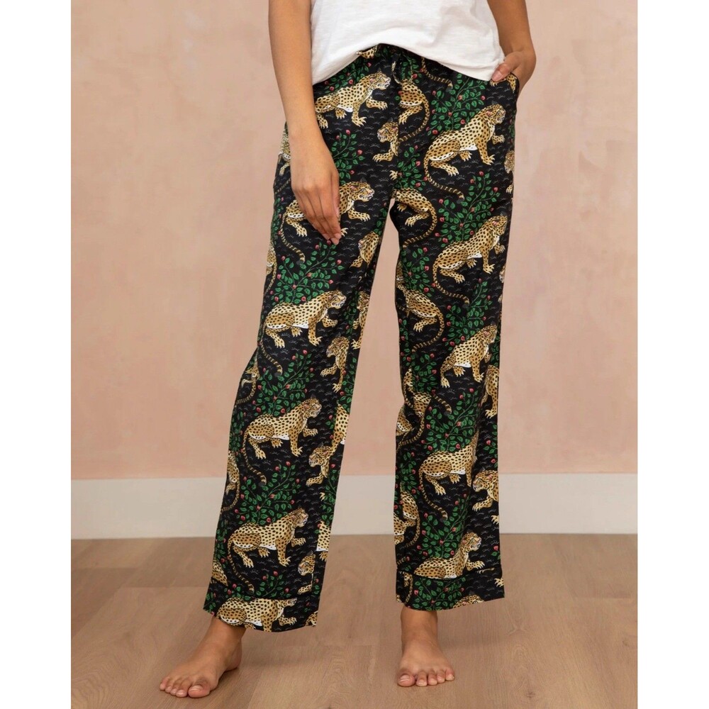 Print Fresh Bagheera Pajama Pants Size S Leopard Floral Black Cotton Pockets